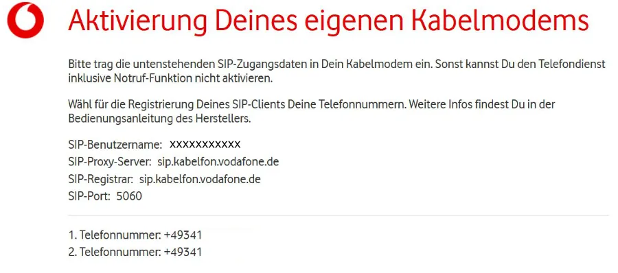 SIP-Daten für Telefonie über den Vodafone Kabelanschluss merken