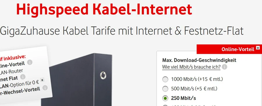 Vodafone Kabel Tarif mit 250 MBit